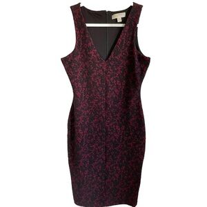 Michael Kors Red and Black Lace V Neck Sheath Dress